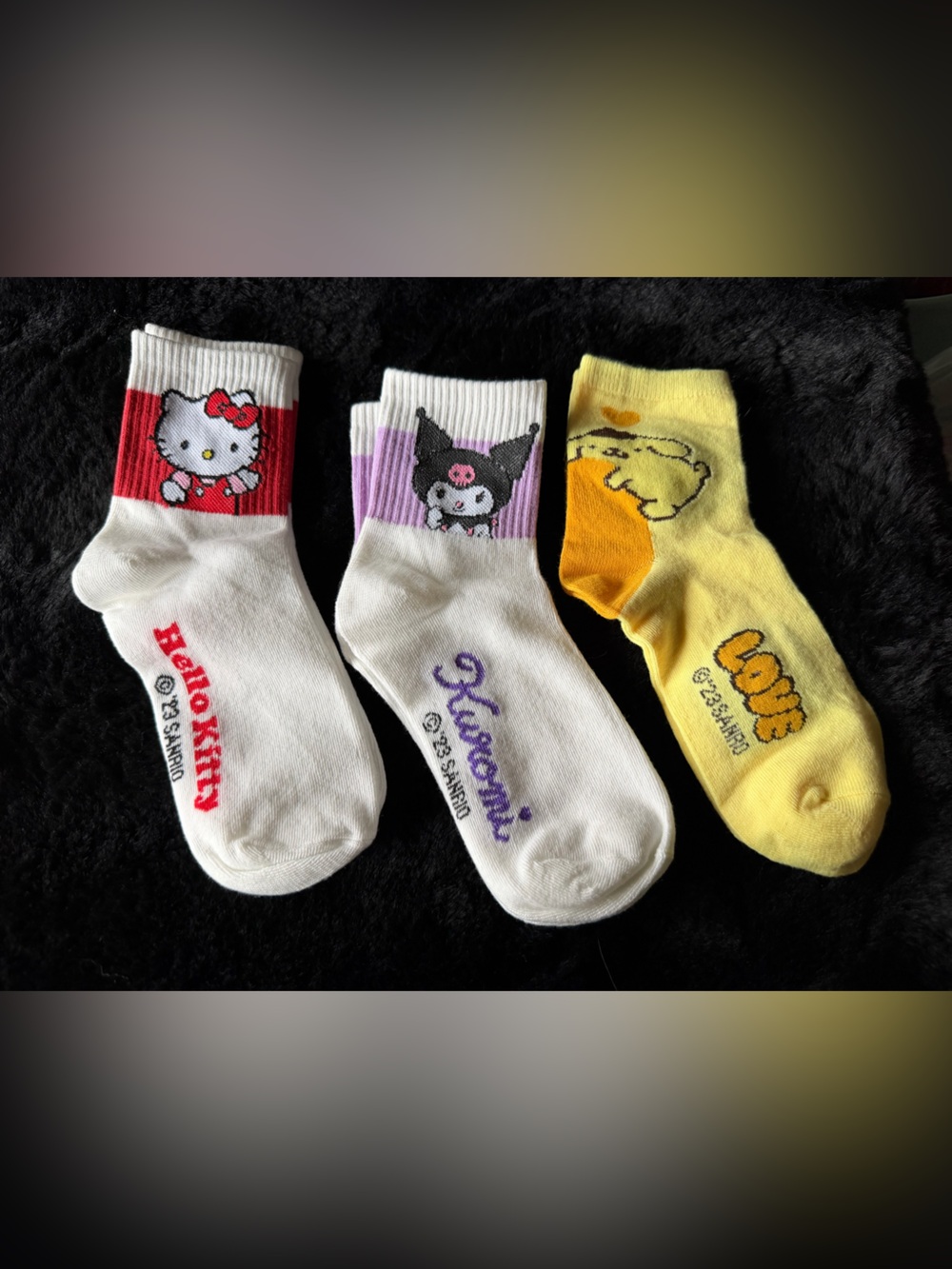Sanrio Character Crew Socks — White, Red, Purple & Yellow